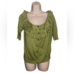 Worthington Womans Cardigan Sweater Green Cotton Solid Half Sleeve Ruffles